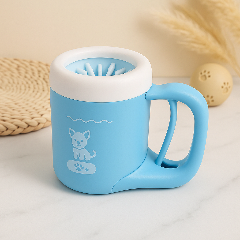 Blue portable dog paw cleaner cup with silicone bristles