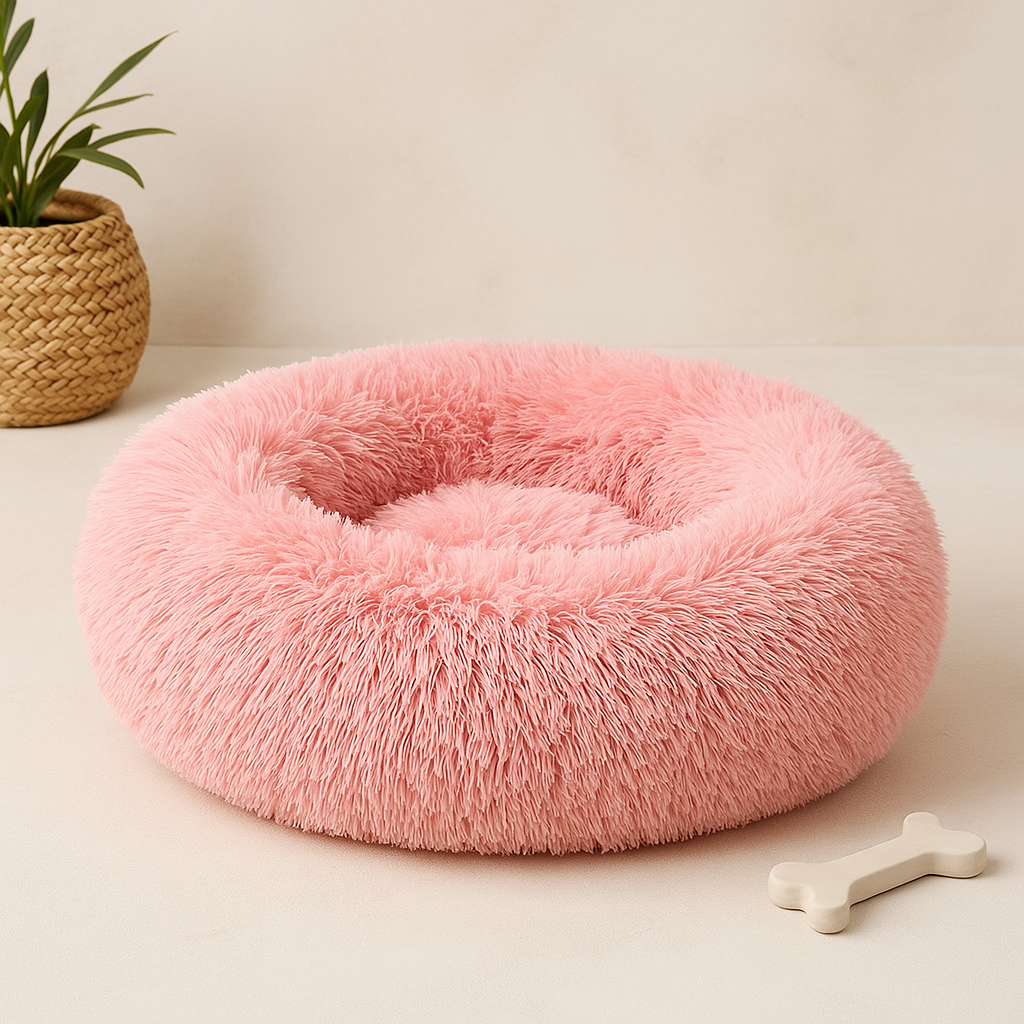 White calming donut pet bed for dogs and cats anxiety relief