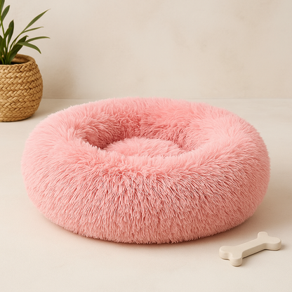 White calming donut pet bed for dogs and cats anxiety relief