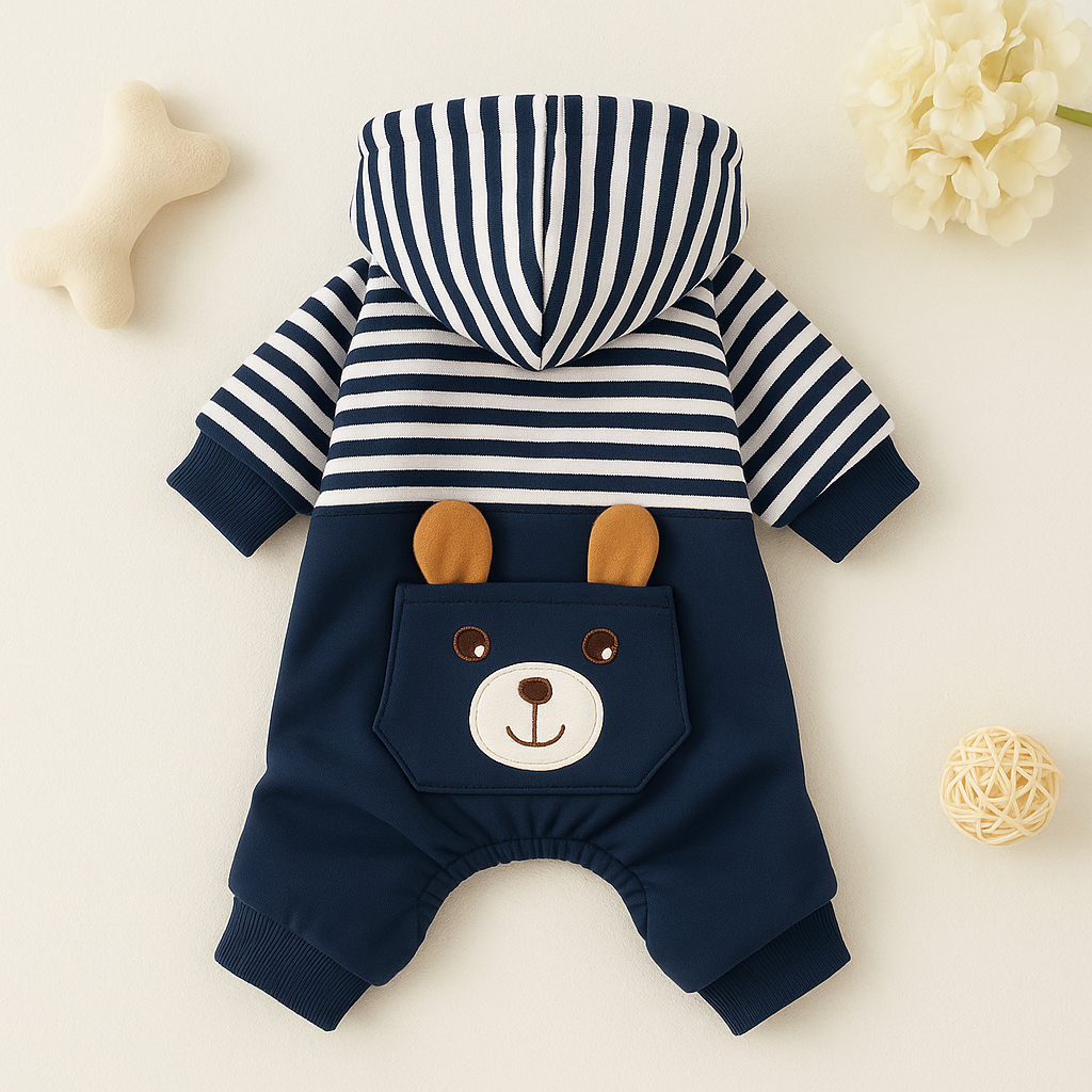 Blue and pink striped dog hoodie winter outfit on small dog