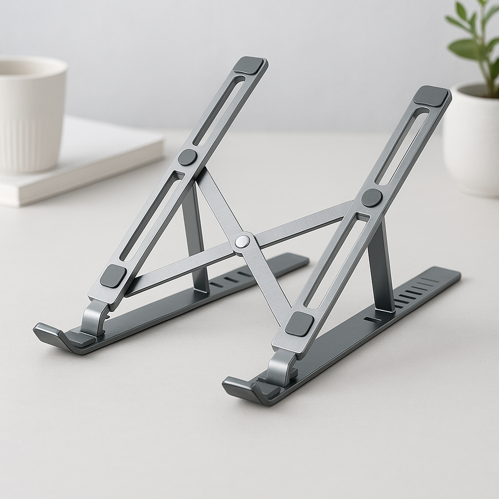 Adjustable aluminum laptop riser X-style in black on a clean desk setup