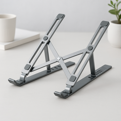 Adjustable aluminum laptop riser X-style in black on a clean desk setup