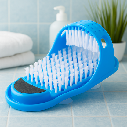 Blue feet massager bath slippers with silicone bristles on shower floor