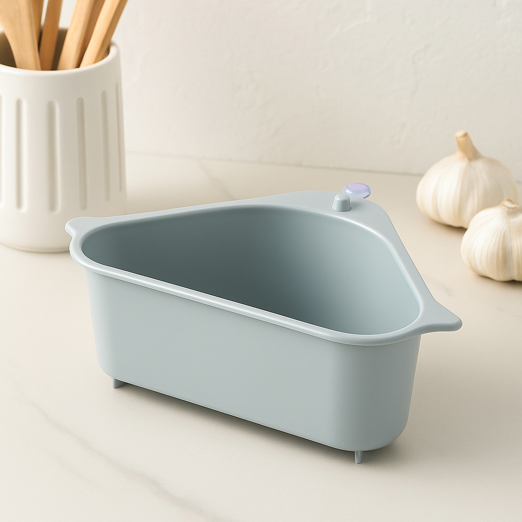 Triangular kitchen sink drain basket organizer in beige corner position