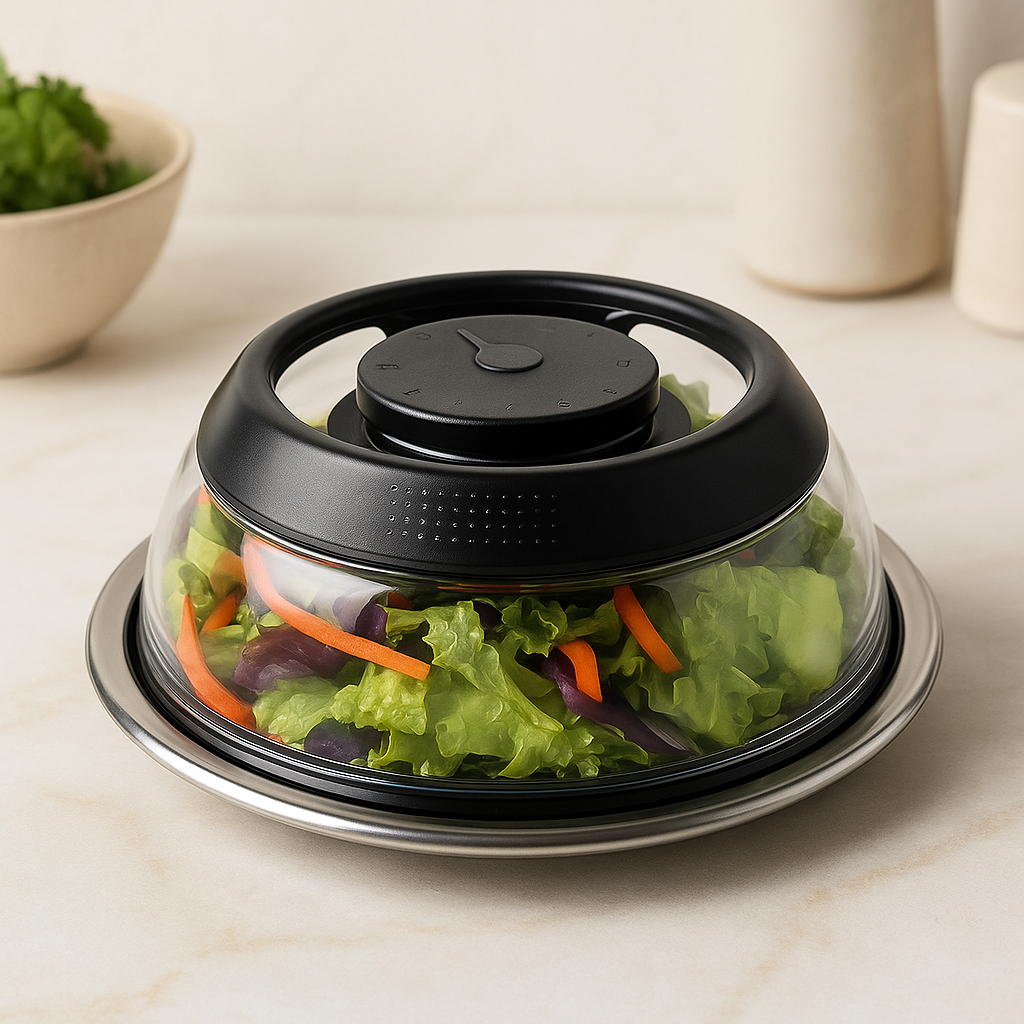 Purple vacuum seal airtight food cover placed over dinner plate